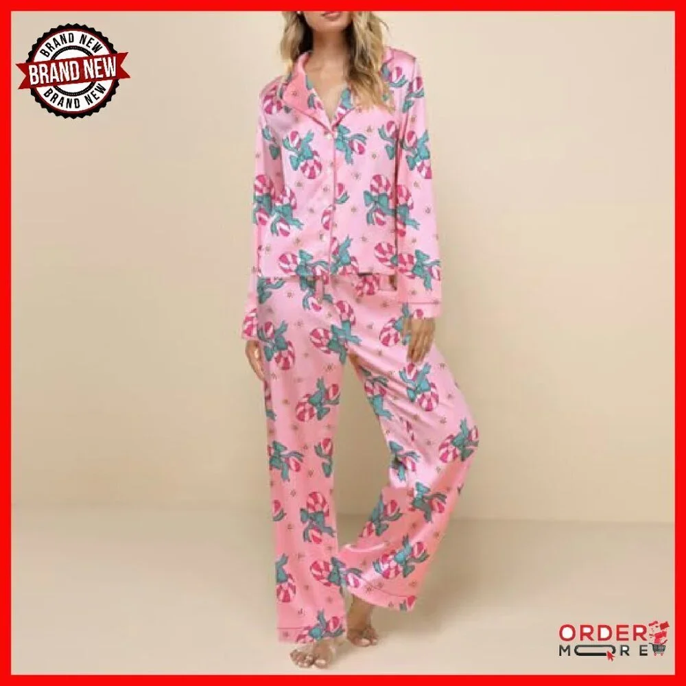 Satin Silk Pajama Set 2-Piece Long Sleeve Button Down Shirt Pants